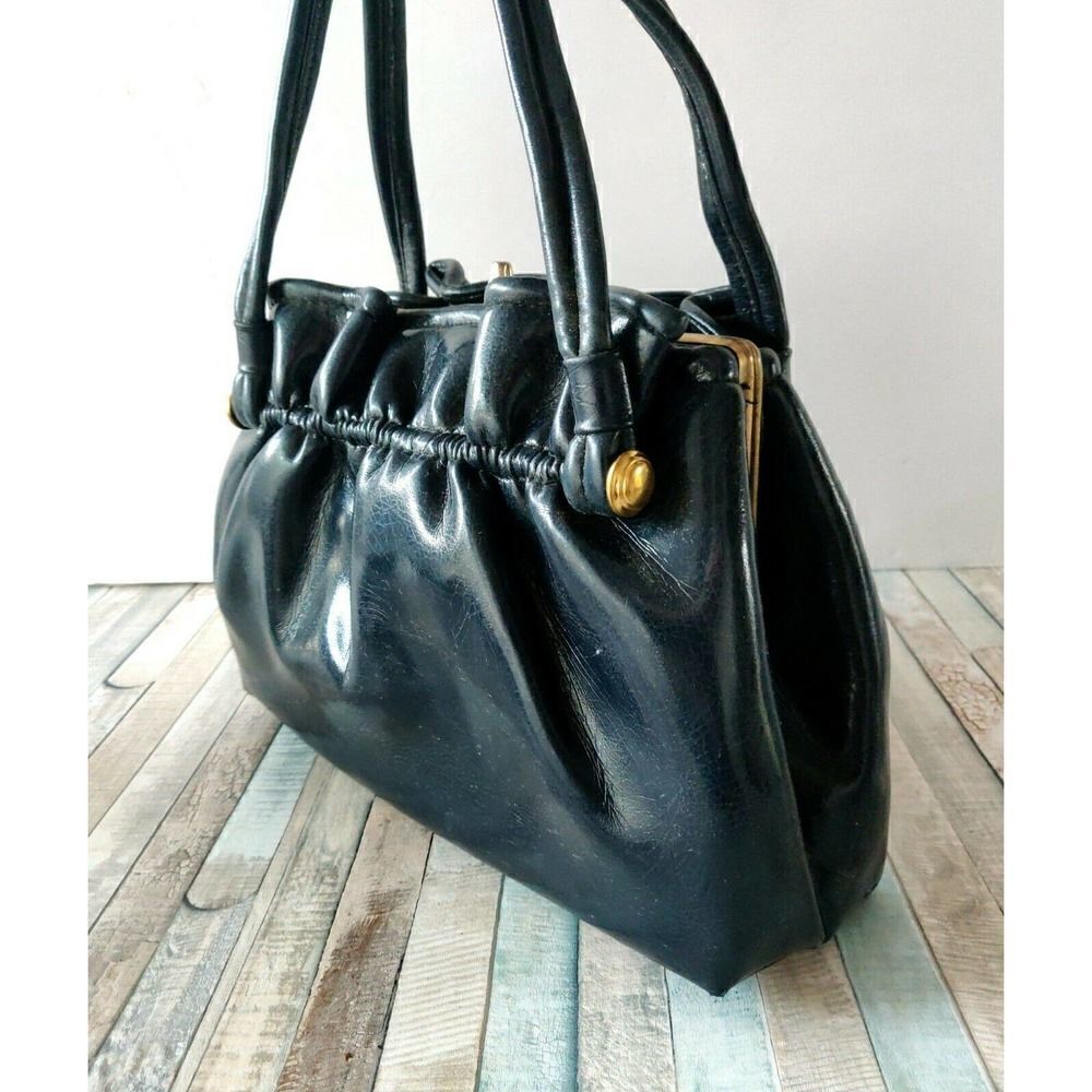 ROOMY VINTAGE NAVY BLUE SOFT VINYL FRAMED POCKETBOOK BAG HANDBAG PURSE - Picture 8 of 12